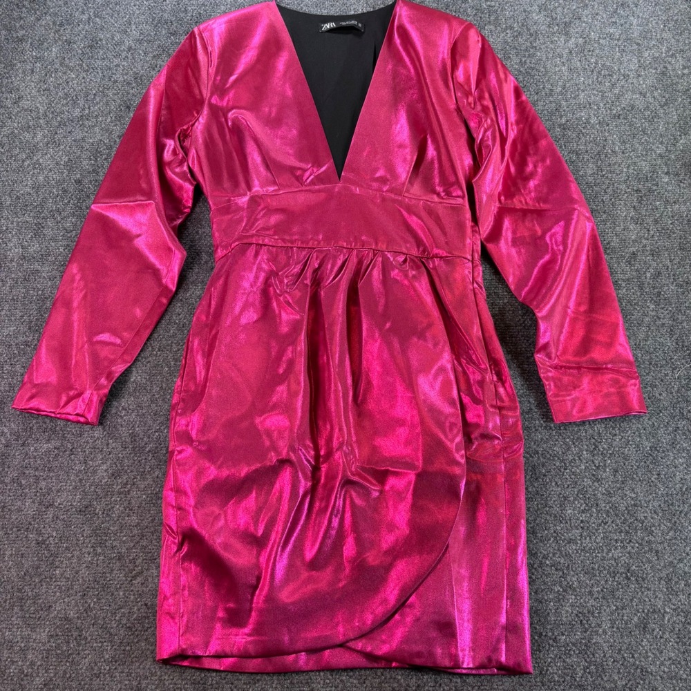Zara Metallic Mini Dress Women Sm Hot Pink V-Neck Long Sleeve Party Night Out